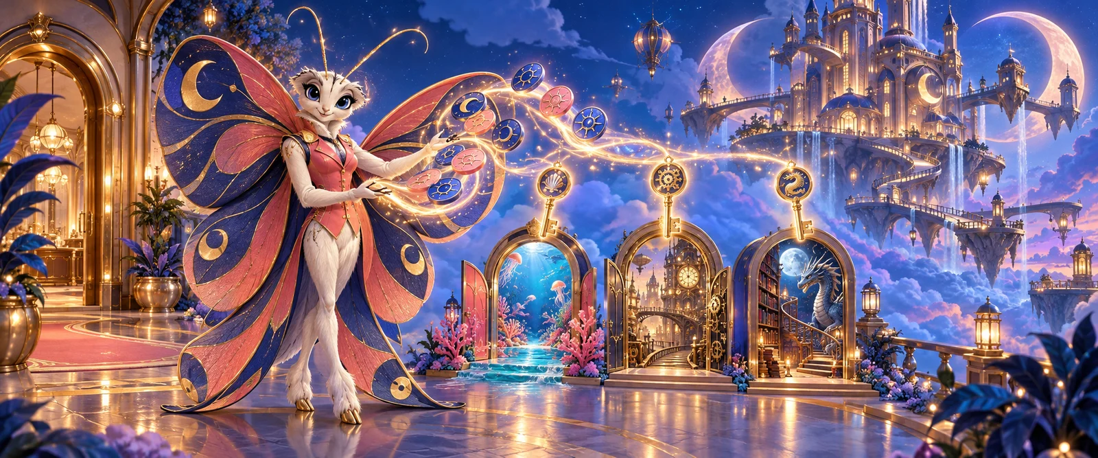 Vesper transforms fictional chips into golden keys that open a coral sea, clockwork city and dragon library beneath a celestial hostel